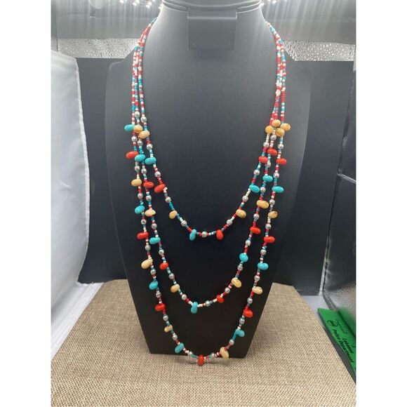 Multicolored 3 Strand Beaded Necklace Lobster Claw Clasp Southwestern Boho Chic - Picture 8 of 8